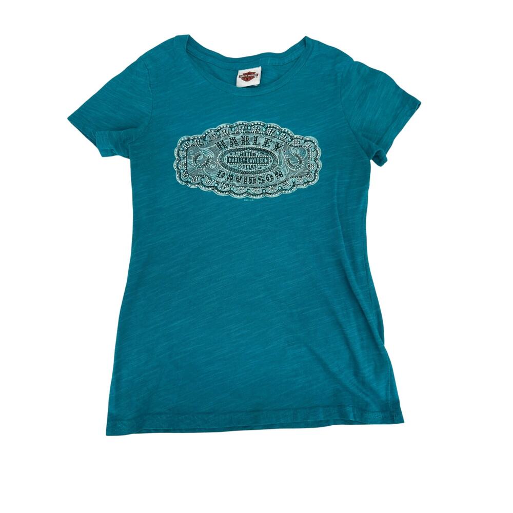 Harley-Davidson Eastside Bellevue WA Rhinestone Buckle Graphic Tee Turquoise